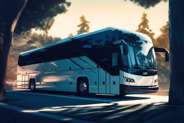 a large tour bus in the sun beside some trees